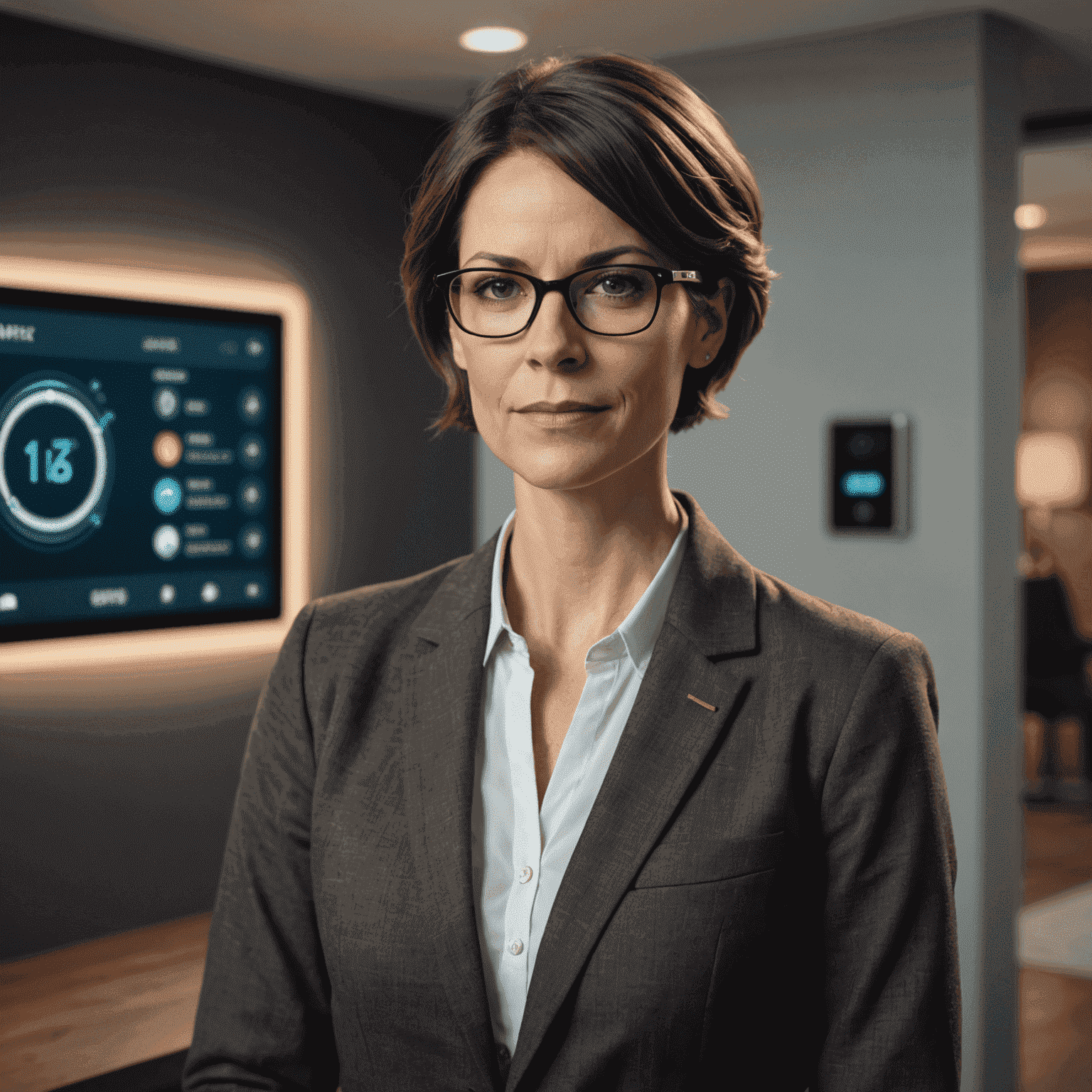 Portrait of Jane Smith, a woman in her mid-30s with short brown hair and glasses, wearing a professional blazer, standing in front of a smart home control panel