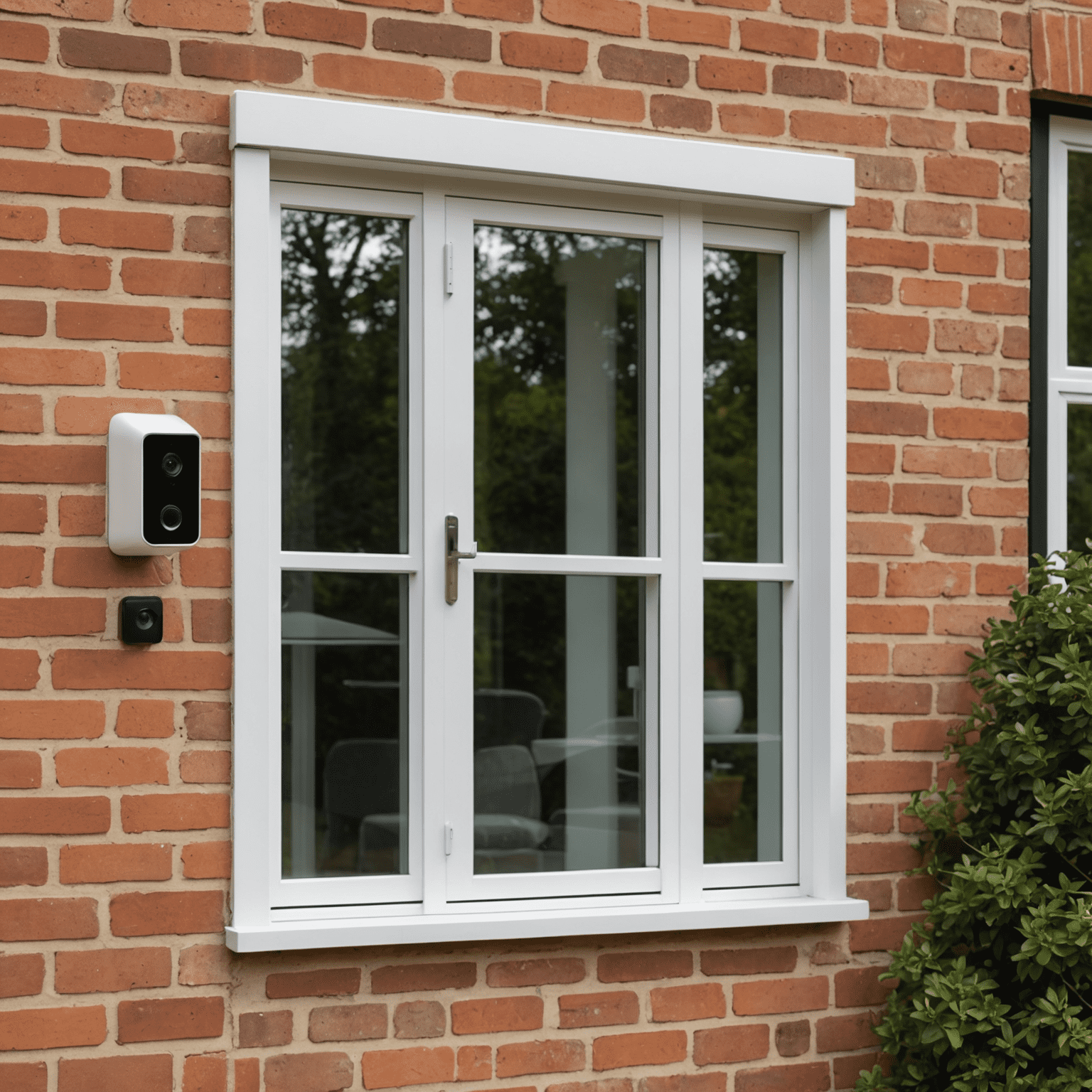 A modern UK home with visible smart security devices such as outdoor cameras, smart doorbell, and window sensors