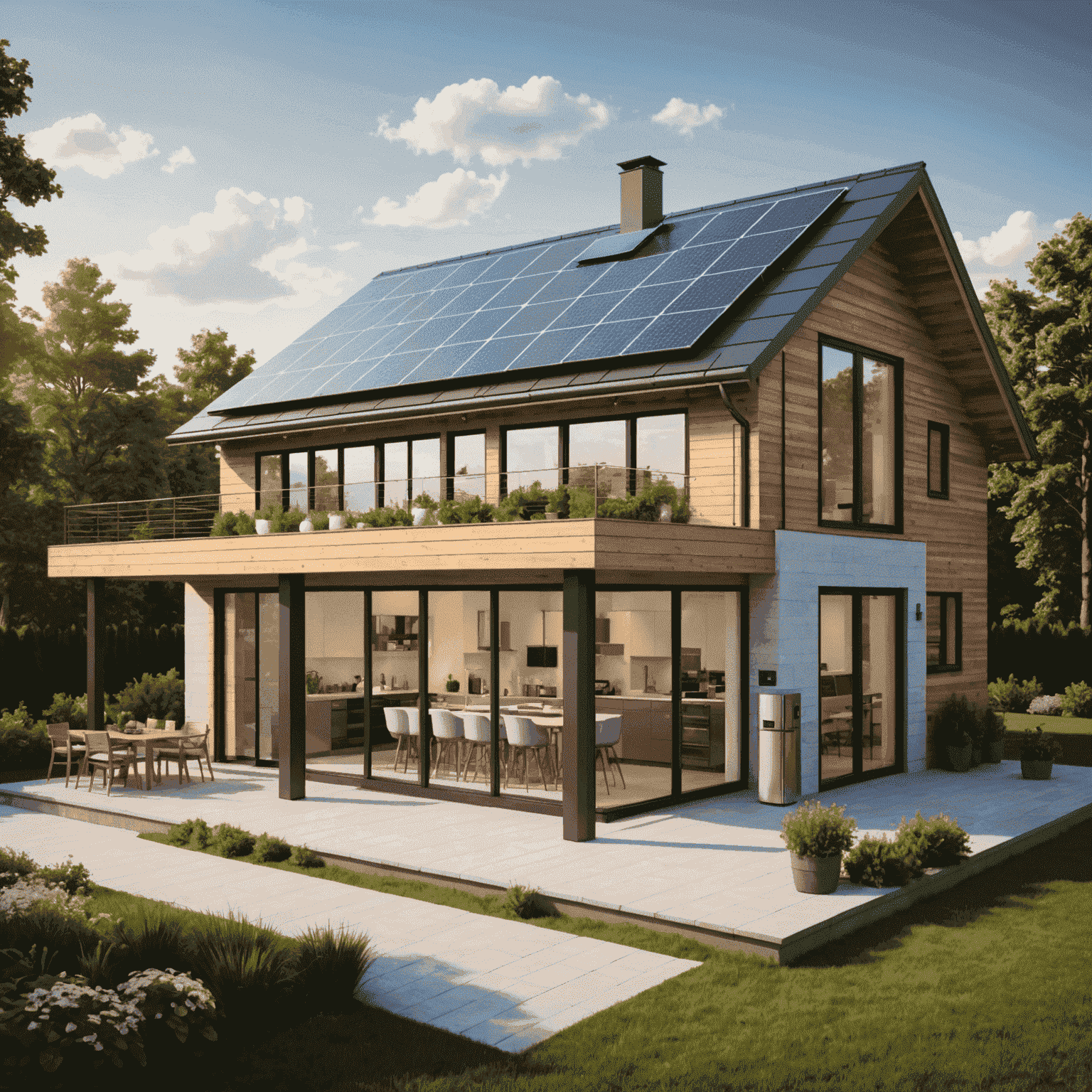 A modern smart home with solar panels on the roof, smart thermostat on the wall, and energy-efficient appliances in the kitchen