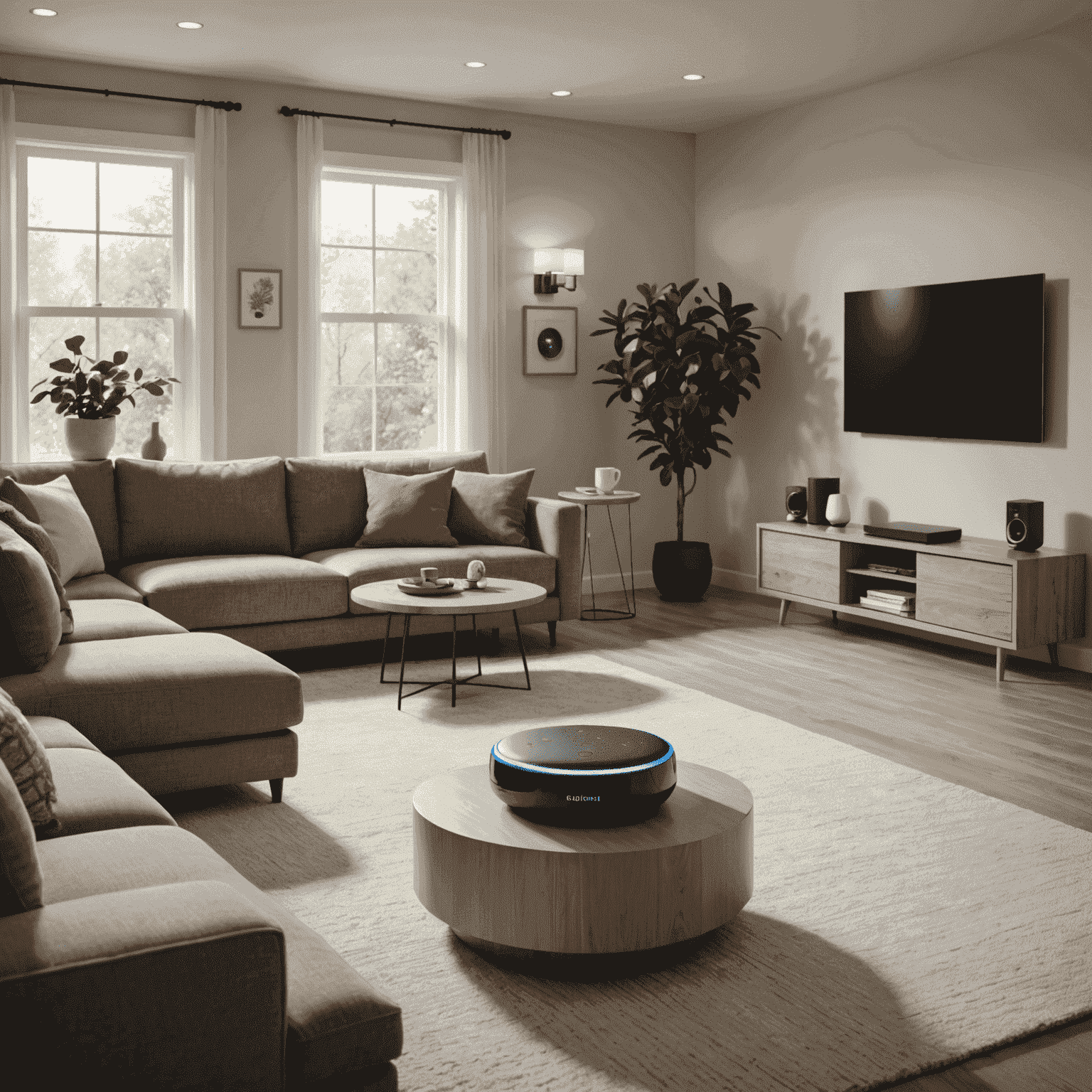 A modern living room with a smart speaker on a coffee table, surrounded by various smart home devices such as smart lights, thermostat, and security cameras