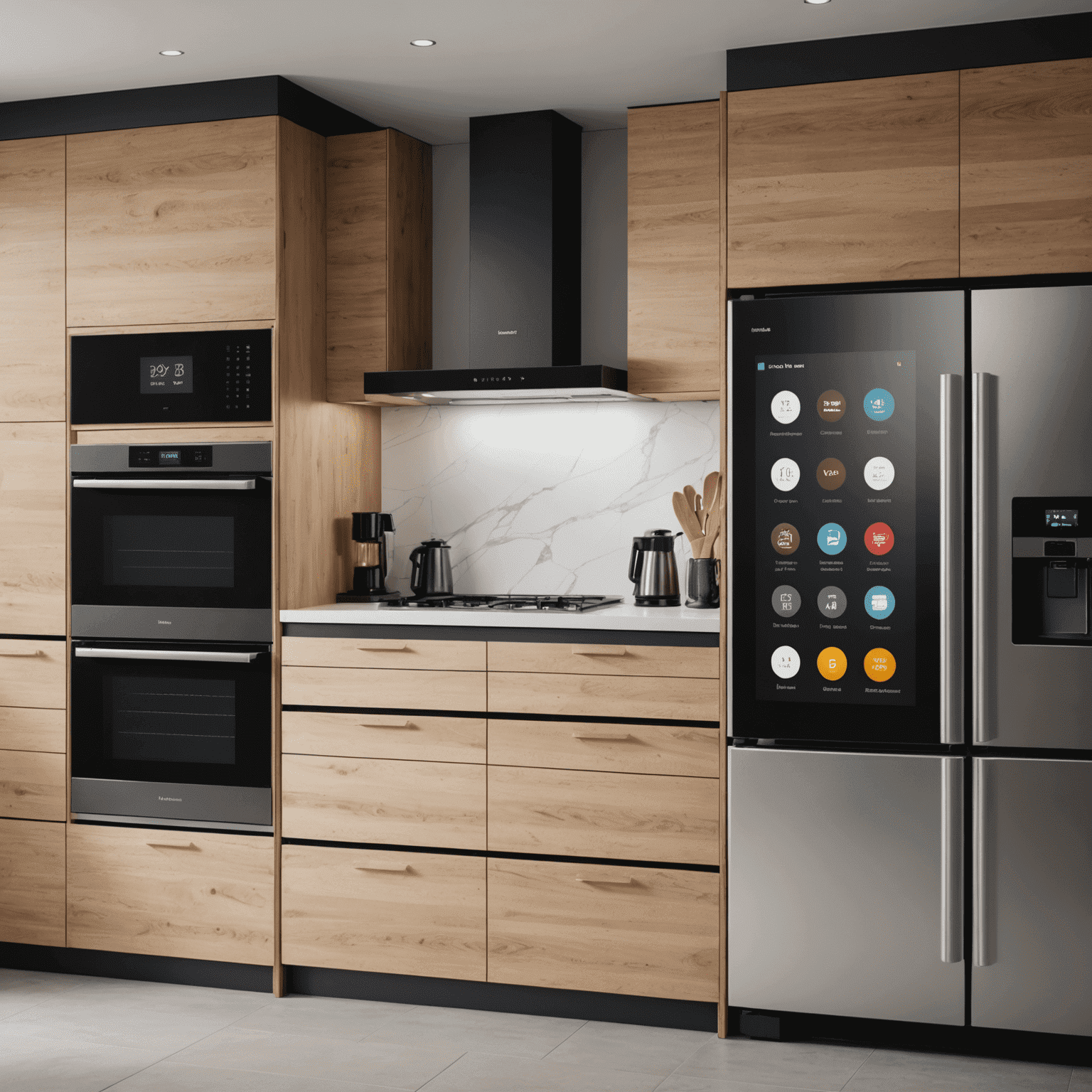 A modern kitchen with various smart appliances, including a touchscreen refrigerator, voice-controlled oven, and automated coffee maker