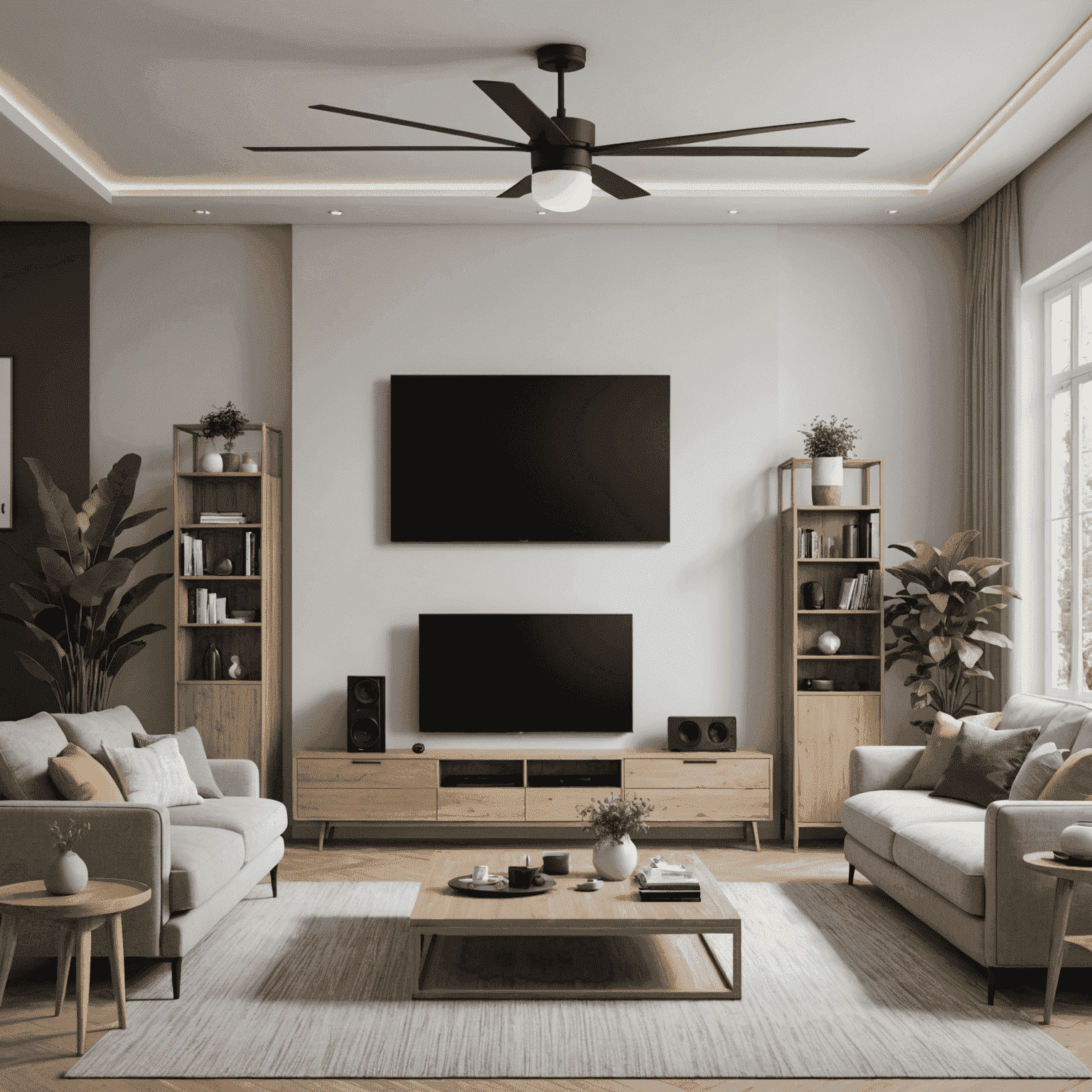 A modern living room with a large smart TV, surround sound speakers, and various smart home devices integrated seamlessly into the decor