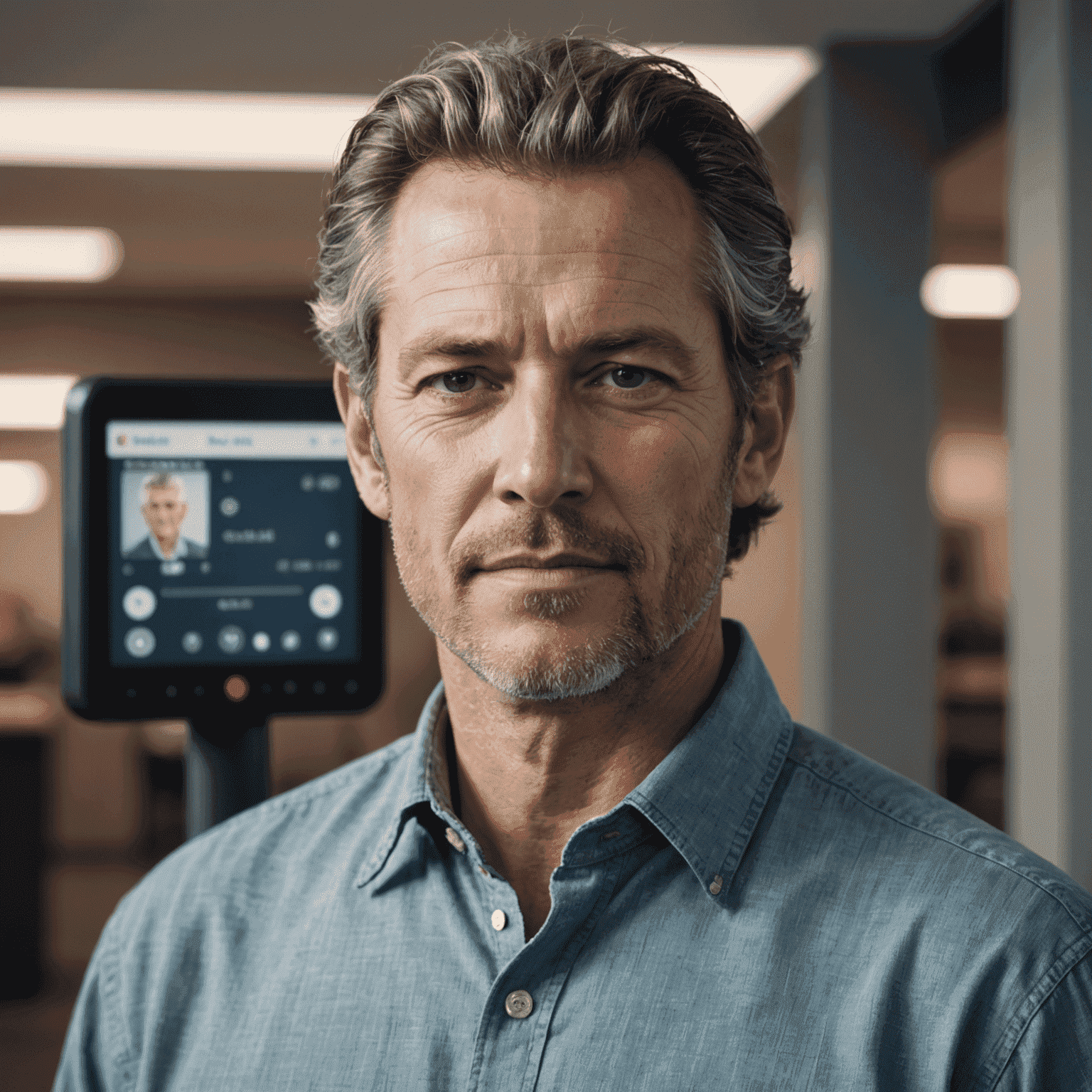 Portrait of Mark Johnson, a man in his early 40s with salt-and-pepper hair, wearing a casual button-up shirt, demonstrating a smart security system