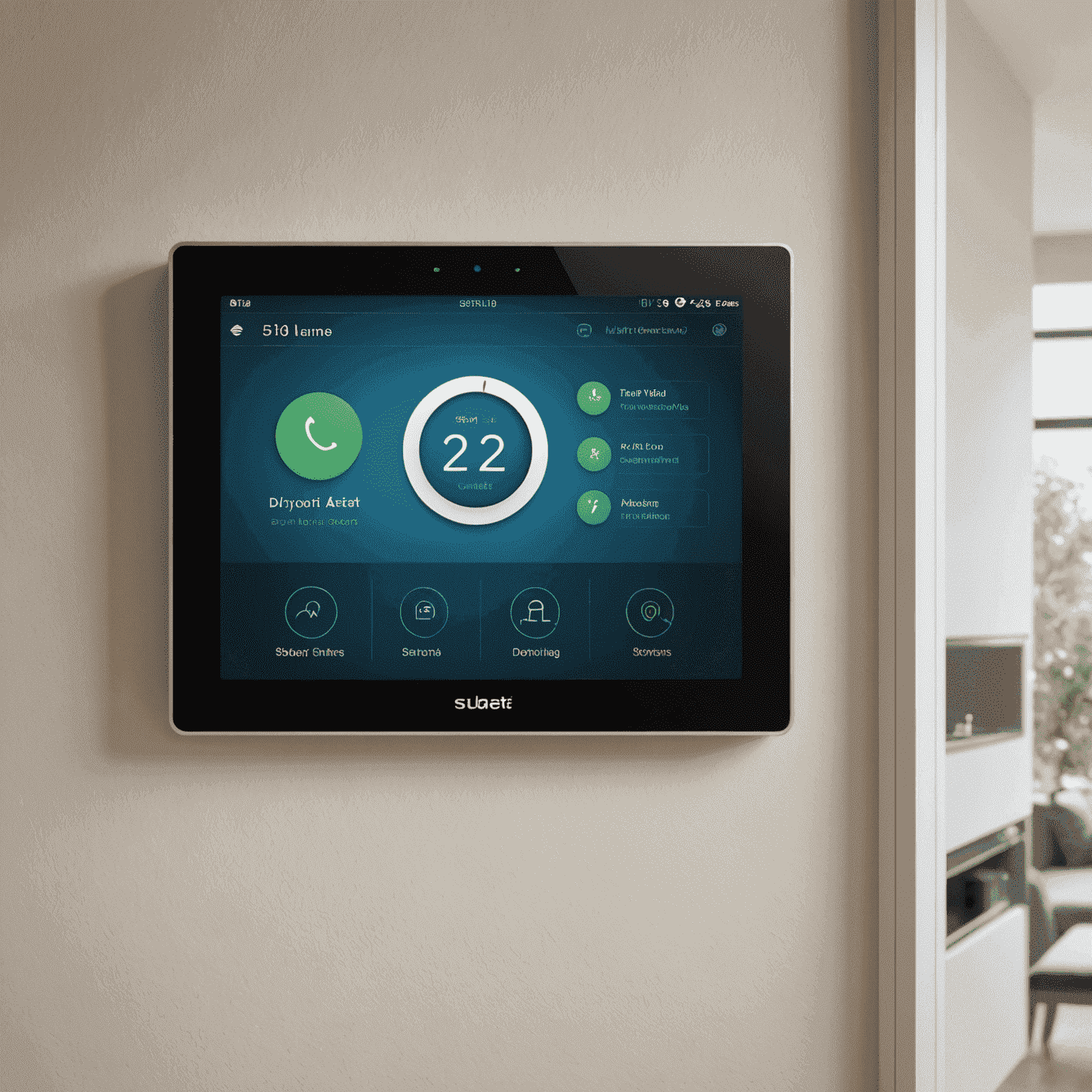 A smart home control panel displaying integrated security features alongside climate and lighting controls