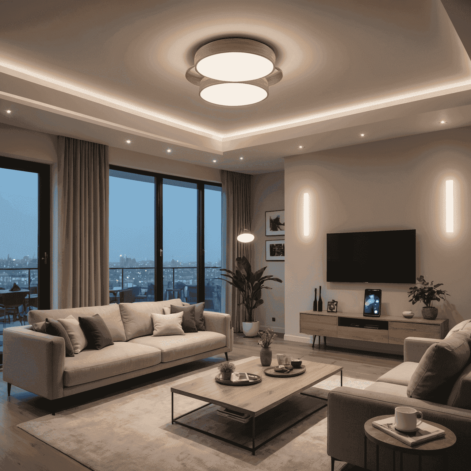 A living room with smart LED bulbs in various fixtures, showing different light settings controlled by a smartphone