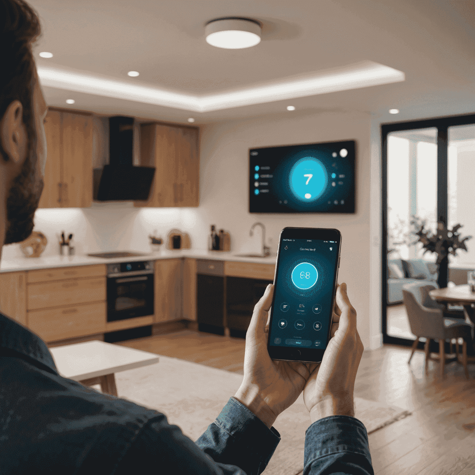 A person using voice commands to control various smart home devices, including lights, thermostat, and security system