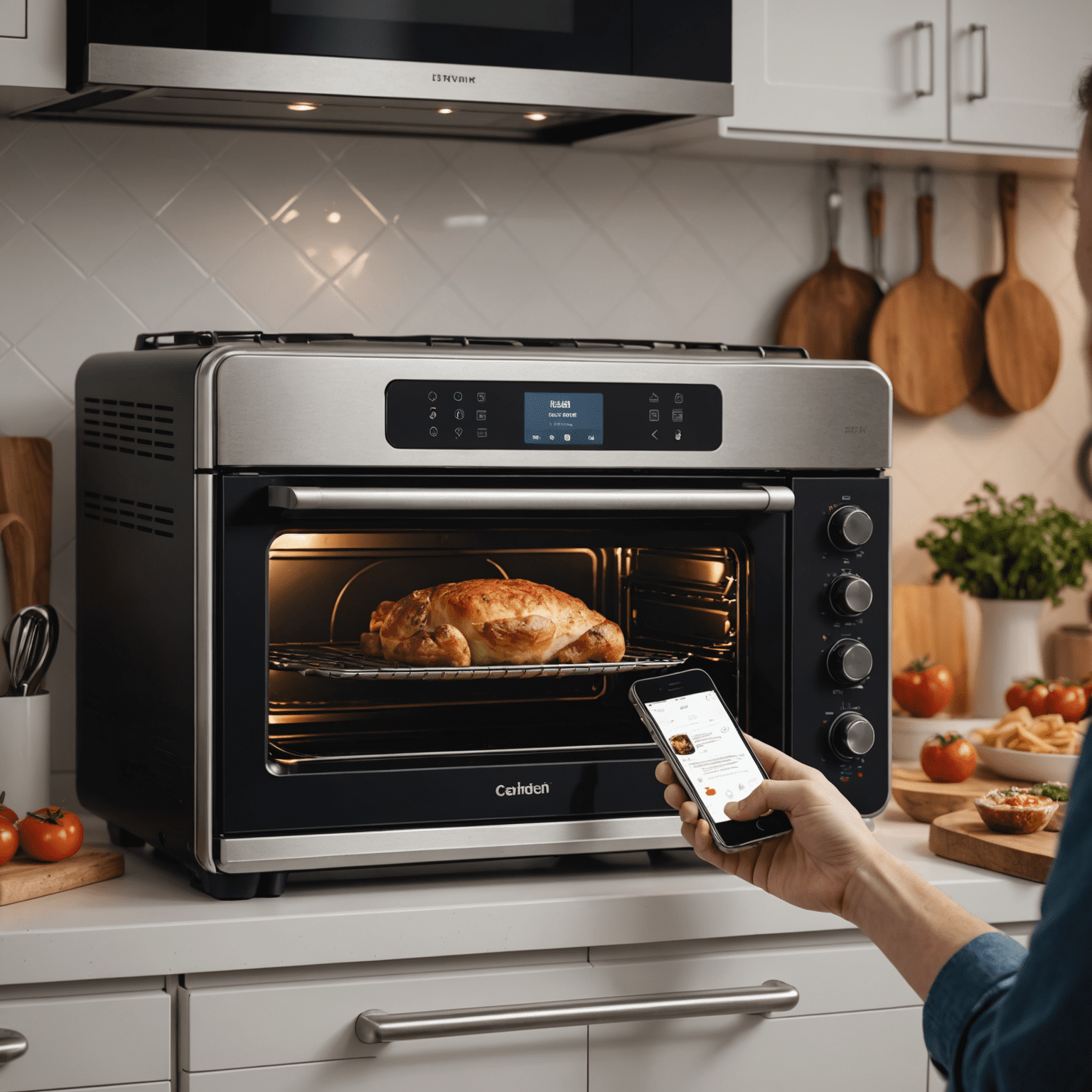 A person using a smartphone app to control a smart oven, with the oven's interior camera feed visible on the phone screen