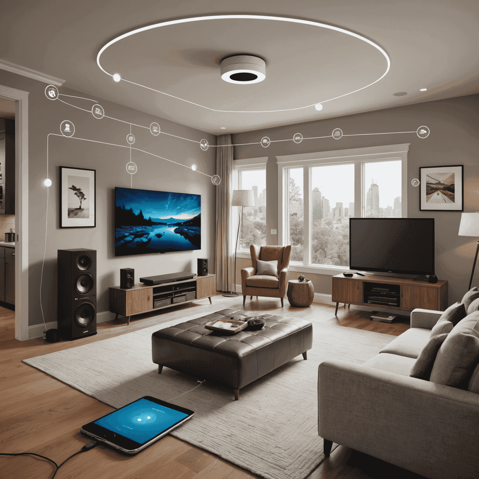 A diagram showing the interconnectivity of various smart home entertainment devices, including TV, sound system, lighting, and mobile devices