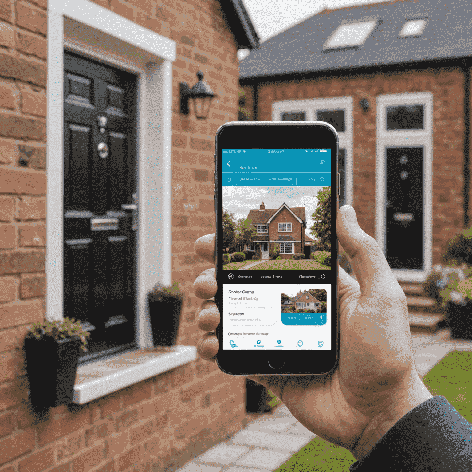 A UK homeowner using a smartphone app to monitor their smart home security system, showing live camera feeds and system status