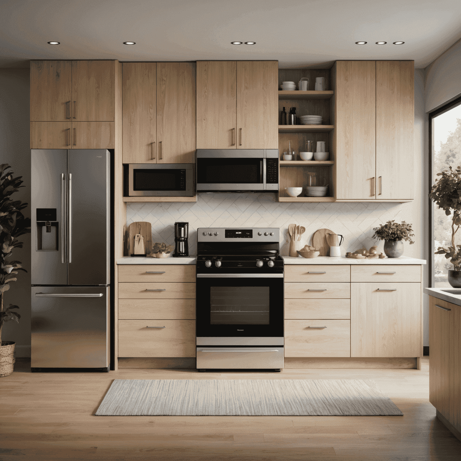 A modern kitchen with smart appliances, including a refrigerator with a digital display, a smart oven, and an energy-efficient dishwasher