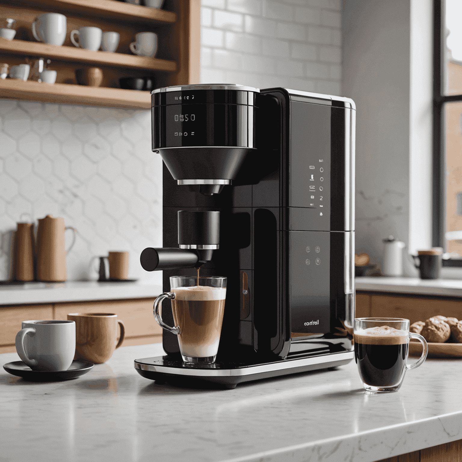 A sleek, modern smart coffee maker with a touchscreen interface, brewing coffee into a mug